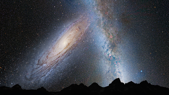 天の川銀河（右）とアンドロメダ銀河（左）は衝突することが確実視されている。これも重力の影響だ（NASA; ESA; Z. Levay and R. van der Marel, STScI; T. Hallas; and A. Mellinger）