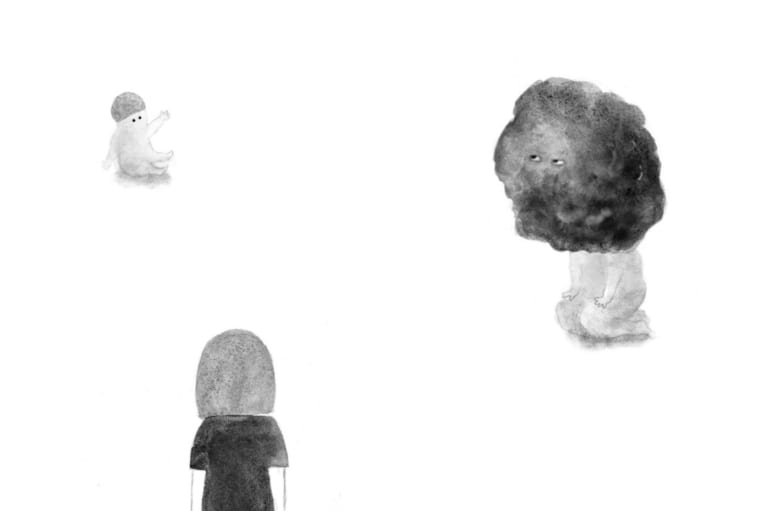 「胎盤のもくろみ」の項のイラスト。 擬人化胎盤と三好さんと子、三者の距離...